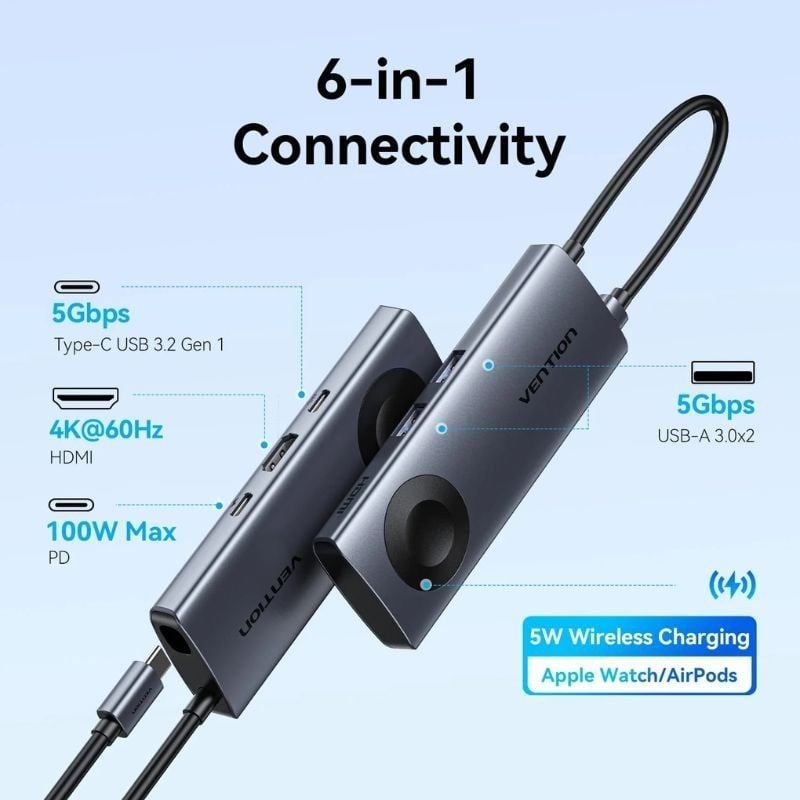 Docking USB Tipo-C con Carga Inalámbrica Vention TPMHB/ 1xHDMI 4K/ 2xUSB/ 1xUSB Tipo-C/ 1xUSB Tipo-C PD/ Gris