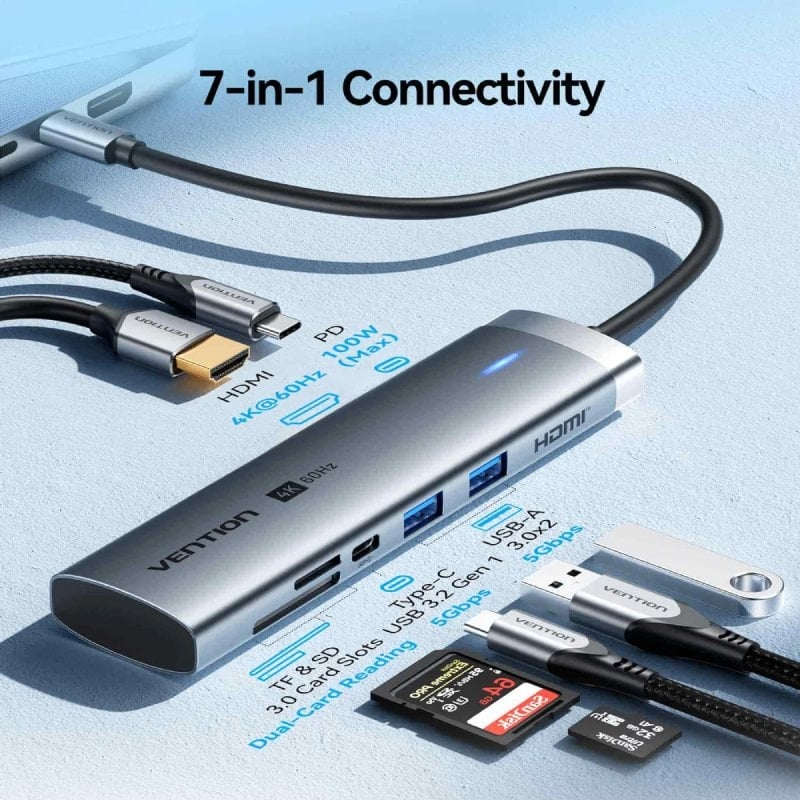 Docking USB Tipo-C Vention TPSHB/ 1xHDMI 4K/ 2xUSB/ 1xUSB Tipo-C/ 1xUSB Tipo-C PD/ 1xLector Tarjetas/ Gris